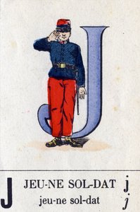 Buchstabe J als junger Soldat. Militäralphabet. Imaging von Epinal, ca. 1870-1880. Schablonenkolorierte Holzschnitte