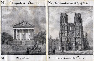 Buchstabe M Madeleine und N Notre-Dame de Paris (Notre Dame de Paris) - „Alphabet Picturesque des Monumens de Paris“ um 1840 (Gravur)