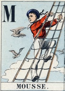 Buchstabe M wie Schaum. Marinealphabet. Epinal-Bild, Ende des 19. Jahrhunderts. Schablonierte Holzgravur