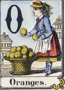 Buchstabe O: Orangen. Unterhaltsames Alphabet. Epinaler Bildgebung. Schablonierte Holzschnitte, um 1880. Kleines Heft mit 16 Seiten