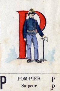 Buchstabe P als Feuerwehrmann. Militäralphabet. Bild von Epinal, ca. 1870-1880. Schablonenfarbige Holzschnitte