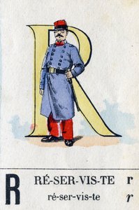 Buchstabe R als Reservist. Militäralphabet. Bild von Epinal, um 1870-1880. Schablonenfarbige Holzschnitte von French School