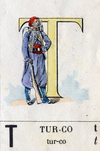 Buchstabe T wie Turco. Militäralphabet. Bild von Epinal, ca. 1870-1880. Schablonierte Holzgravur