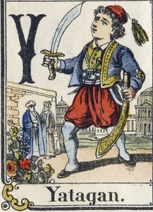 Buchstabe Y: Yatagan. Unterhaltsames Alphabet. Epinaler Bildgebung. Schablonierte Holzschnitte, um 1880. Kleines Heft mit 16 Seiten