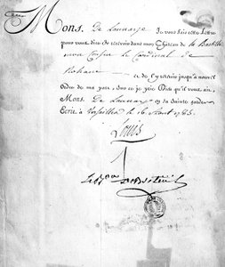 Brief von Carhel, unterzeichnet von Baron Louis de Breteuil, der die Inhaftierung von Kardinal de Rohan in der 
