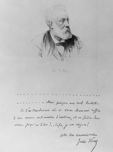 Brief von Jules Verne mit Porträt des Schriftstellers (1828-1905). von French School