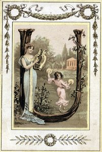 Brief, der eine Mutter, die Lyra spielt, und ihre Tochter, die mit einer Pauke tanzt, darstellt, späte 19. Jahrhundert (Chromolithographie) von French School