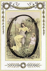 Brief, der eine schaukelnde Mutter und ihren Sohn darstellt, späte 19. Jahrhundert (Chromolithographie)