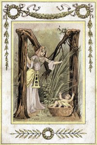 Brief, der eine ägyptische Mutter darstellt, die ein verlassenes Kind findet (Moses rettet Wasser), späte 19. Jahrhundert (Chromolithographie) von French School