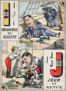 Buchstaben I und J: Marineinfanterie und Inspektionstag. Gravur im „Komischen Militäralphabet“. Fünfte Serie. Epinaler Bildgebung. Pellerin und Cie, Drucker, Epinal, Ende des 19. Jahrhunderts. 16 Seiten von French School