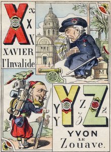 Buchstaben X Y Z: Xavier der Invalide und Yvon der Zuave. Gravur im „Komischen Militäralphabet“. Fünfte Serie. Epinaler Bildgebung. Pellerin & Cie, Drucker, Epinal, Ende des 19. Jahrhunderts. 16 Seiten von French School