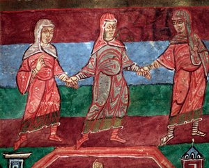Leben der hl. Radegund von Poitiers, Frauen tanzen und singen weltliche Lieder (Miniatur) von French School
