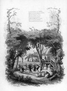 Lied von Lisette. Fest und Tanz in einem Dorf auf dem Land. Gravur in „Chants et chansons populaire de la France“, Band 2 von French School