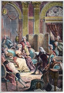 Literarischer Salon - Lesung von „Paul und Virginie“ von Jacques-Henri Bernardin de Saint-Pierre in den Salons von Madame Necker in Paris - neben Mme Necker ihr Ehemann Jacques Necker und ihre Tochter Germaine, später Mme de Stael - Lesung