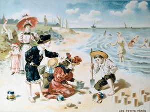 Kleine Pasta: Kinder spielen am Strand mit Sand. Illustration vom Anfang des 20. Jahrhunderts von French School