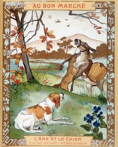 Der Esel und der Hund, Fabel von La Fontaine - Bon Marché Werbeetikett von French School