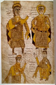 Lodhanri, König der Alemannen (oder Alemannen: germanischer Stamm), umgeben von einem Bischof, einem Herzog und einem Grafen. Manuskript „Breviaire d