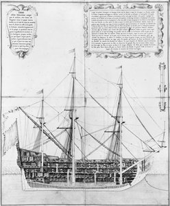 Längsschnitt eines bewaffneten und ausgestatteten Schiffes, Illustration aus dem Atlas de Colbert, Tafel 47 von French School