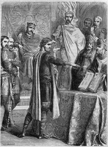 Lothar II. (825-869) leistet den Eid auf das Evangelium vor Papst Adrien II. in Rom im Jahr 869. Gravur in „Histoire des Papes-Rois-Queen und Empereurs à travers les siècles“ von Maurice Lachatre