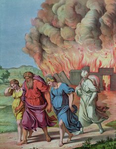 Lots Frau blickt zurück auf Sodom und wird in eine Salzsäule verwandelt, Illustration für einen Katechismus von French School