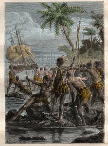 Louis Antoine, Graf von Bougainville (1729-1811) erreicht die Ile des Lancies (Französisch-Polynesien) im Jahr 1768 - Illustration aus „Die großen Seefahrer des 18. Jahrhunderts“