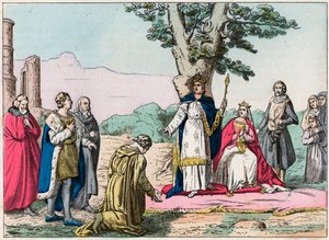 Ludwig IX., genannt „Saint-Louis“ (1214-1270), richtet über alle seine Untertanen im Bois de Vincennes - Gravur Ende des 19. Jahrhunderts in „Nos Gires Nationales - Images et récits“ von French School