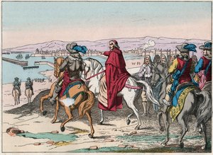 Ludwig XIII. (1601-1643) und Kardinal Richelieu bei der Belagerung von La Rochelle, Platz der Protestanten im Oktober 1628 - Gravur Ende des 19. Jahrhunderts von French School
