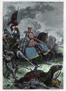 Ludwig XII. in der Schlacht von Agnadello bei Crema in der Lombardei, gewonnen vom König über die Venezianer am 14. Mai 1509 - Schlacht von Agnadello - Ludwig XII. von Frankreich besiegt die Venezianer - Gravur aus 