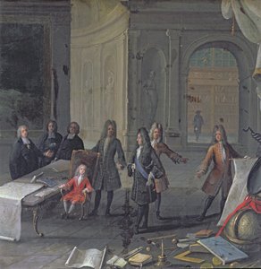 Ludwig XIV. bei einer Lektion seines Urenkels, des zukünftigen Ludwig XV., ca. 1715 von French School