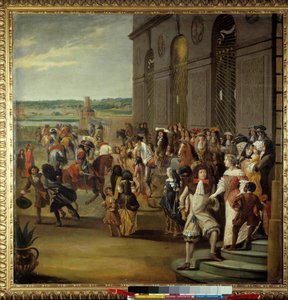 Ludwig XIV. gefolgt vom Grand Dauphin reitend vor der Grotte von Thetis (Thetys) in Versailles. König Ludwig XIV. (1638-1715) und sein Sohn Louis von Frankreich, genannt der Grand Dauphin (1661-1711), vor der Grotte von Thetis (Thetys), umgeben von Höfling von French School
