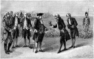 Louis XVI (1754-1793) besucht das erste Kartoffelfeld in der Ebene der Sablons (heutige Avenue de la Grande Armée, Paris), Antoine Augustin Parmentier (1737-1813) überreicht ihm Kartoffelblüten, um 1785. Gravur in „La Nature. Revue des sciences et de ses a von French School