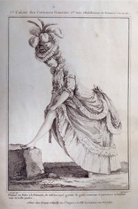 Mode unter Ludwig XVI.: ein Fußporträt einer jungen Frau in einem polnischen Kleid aus gestreiftem Taft. Gravur von 1778. Paris, dekorative Künste