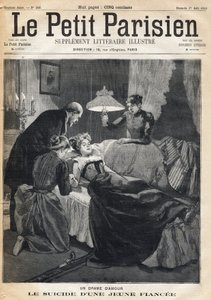 Liebesdrama: Selbstmord einer 17-jährigen Verlobten nach dem Tod ihres Mannes. In der Zeitung Le Petit Parisien am 27.08.1893 (Gravur) von French School
