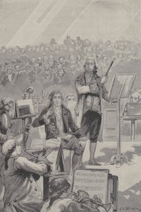 Ludwig van Beethoven dirigiert ein Orchester trotz seiner Taubheit (Stich) von French School