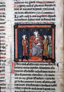 MS.782 Childerich II. (ca. 650-675), Clodomir (ca. 495-524) und möglicherweise Theoderich, dargestellt unter dem Schutz von König Chlothar I. (ca. 497-561), auf einem Thron sitzend, Miniatur aus den Chroniken von Saint-Denis