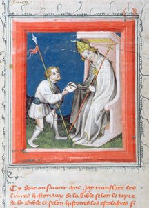 Bote übergibt einem Bischof einen Brief des Königs von Frankreich, Miniatur aus der Bible de Guiart des Moulins