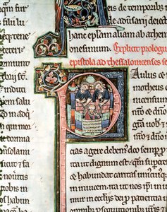MS 3 Fol. 291v Die Flucht des Heiligen Paulus aus Damaskus, illuminierter Initialbuchstabe P, 13. Jahrhundert, aus der Avranches-Bibel