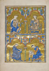 MS M.240 f.8r, Blanche von Kastilien und König Ludwig IX. von Frankreich und unten: Autor diktiert einem Schreiber, Bibel von Saint Louis (Moralische Bibel), wahrscheinlich Paris