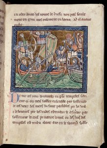 Seite mit Text und Beleuchtung einer Seeschlacht, aus De Re Militari, um 1270
