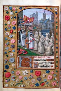 MS Vol. 137 f.136v Die Prozession von Papst Gregor I. (ca. 540-604) durch Rom im Jahr 590, aus den Litaneien eines Stundenbuchs, Französisch, frühes 16. Jahrhundert von French School