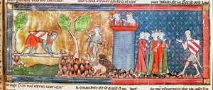 M. 806 f.166 Lancelot beweist seine Liebe zu Guinevere, indem er einen Fluss überquert, der von einem scharfen Schwert überbrückt wird, aus dem Roman de Lancelot du Lac, 1344 von French School