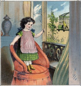 Madeleine, das kleine Mädchen, erhielt einen Kanarienvogel zu ihrem Geburtstag: dieser ist in einem Käfig und trotz der Zuneigung des Kindes bedauert er seine Freiheit und fühlt sich wie ein Gefangener. Chromolithographie aus „Kindheitsszenen“. Edition Gue