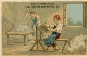 Maison Fontaine Handelskarte, Dreschen und Kardieren von French School