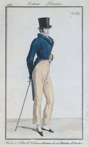 Männeranzug mit Samtkragen, Seidenknöpfen und Nankeen-Hosen, 1816