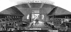 Geldherstellung: Gießerei. Gravur in „Le Monde Illustré“ Nr. 145 vom 21. Januar 1860. von French School