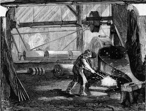 Herstellung von Gewehrläufen: Die Eisenstreifen sind rot blank. Gravur in „Le Monde Illustré“ Nr. 35 vom 12. Dezember 1857. von French School