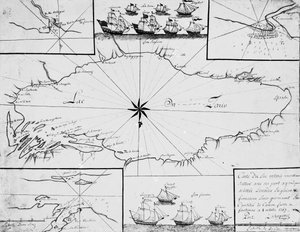 Karte des Ontariosees mit den englischen und französischen Flotten