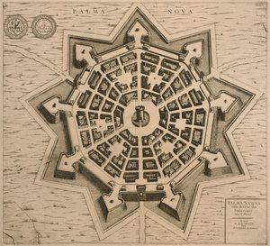 Karte von Palmanova, aus Les Villes de Venetie, 1704, veröffentlicht von Rutgert Alberts in Den Haag