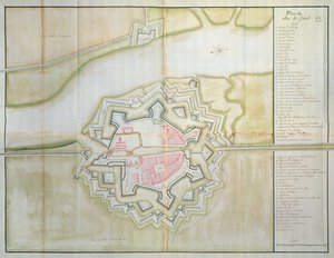 Karte von Sas van Gent, Niederlande, 1747 (Feder, Tinte & Aquarell auf Papier)