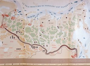 Karte von Sibirien, die die immensen natürlichen Ressourcen der Region zeigt und eine Seeroute darstellt, die den Handel eröffnen würde, 1933